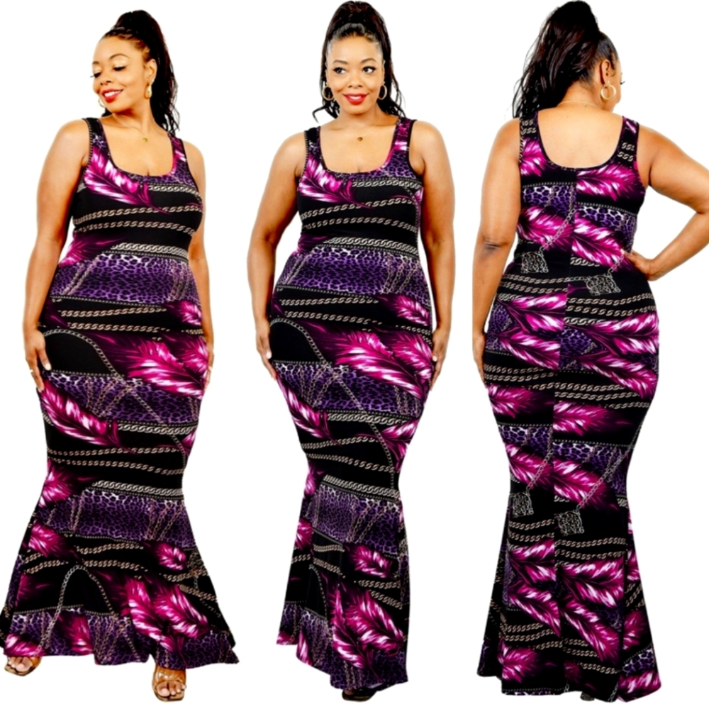 Plus Size Leaf & Chain Print Bodycon Maxi Dress